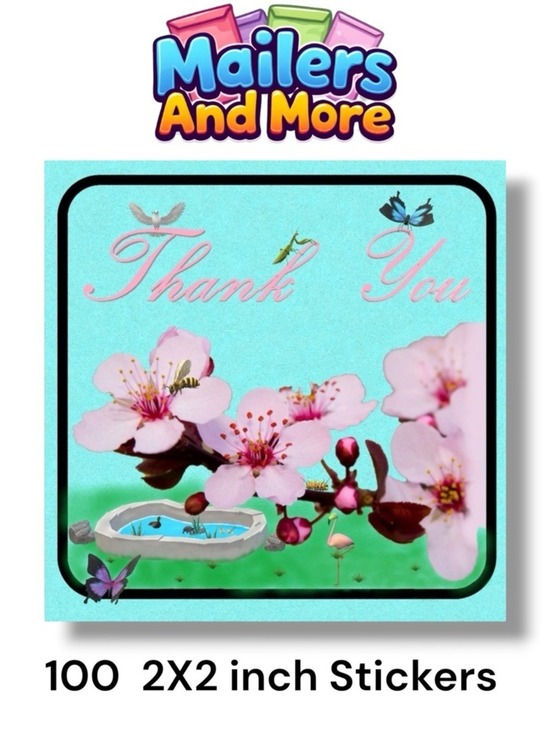 Mailers And More Other - 100 (2x2 Inch) Square Stickers, Cherry Blossom Butterfly High Gloss, Thank You